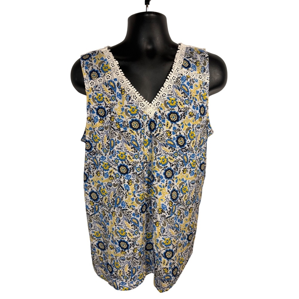 Style & Co Floral Tank Top Crochet Trim Sleeveless Blouse Global Retreat 1X